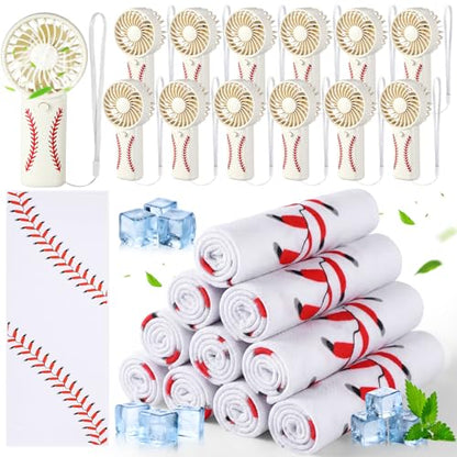 Retisee 24 Pcs Baseball Cooling Towel Mini Portable Fan Set 32 x 12 Inch Workout Towels Handheld Battery Powered Fan Sporting Baseball Gifts for Summer Team Gift Travel Camping Makeup Yoga Running