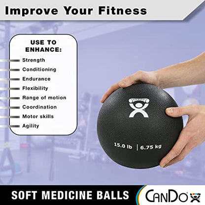 CanDo Soft Medicine Ball 9" Diameter 15lb Black Exercise Ball for Physical Therapy and Fitness Exercises, Easy Grip Rubber Weighted Ball for Workouts - size: 15 Pound