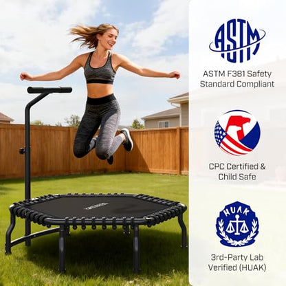 ANCHEER Trampoline, 50'' Rebounder Trampoline for Adult with Bar, Indoor Mini Trampoline, 550LBS Fitness Trampoline with Bungee, Jumping Cardio Equipment, Exercise Trampoline at Home Gym - color: Black