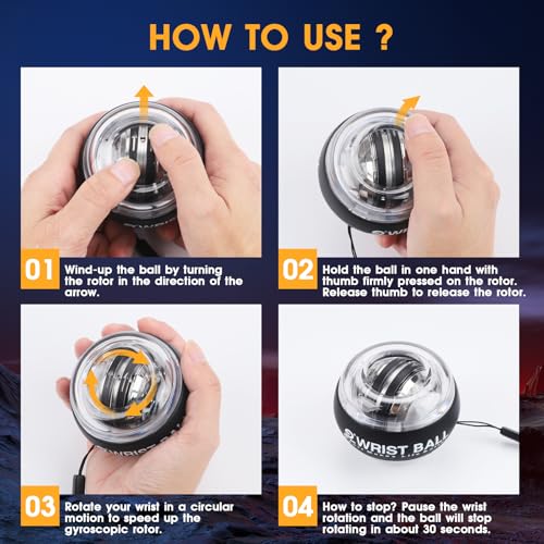 JIN BD Auto-Start Wrist Ball, Gyroscopic Desk Toy & Wrist Trainer（Black LED Light Model）