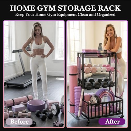 Dumbbell Rack, Home Gym Storage Rack, Adjustable Weight Rack Organizer with Wheels & Hooks, Heavy Duty Gym Equipment Storage, Workout Storage Organizer for Garage Gym