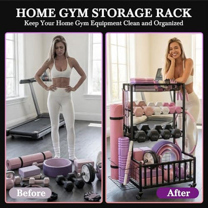 Dumbbell Rack, Home Gym Storage Rack, Adjustable Weight Rack Organizer with Wheels & Hooks, Heavy Duty Gym Equipment Storage, Workout Storage Organizer for Garage Gym