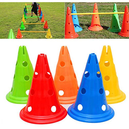 Football Training Cones, 5 Pieces Bright PE Agility Cones with Holes for Football Practice Obstacle Course Indoor Outdoor Speed Training Red Yellow Blue Green Orange