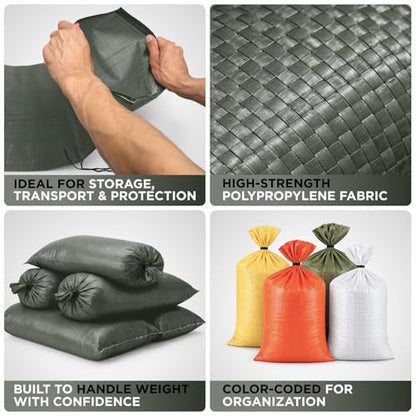 Heavy Duty Sand Bags Pack of 3, Army Green Empty Sandbags with Built-In Ties, Woven Polypropylene UV Protection 1600 Hours, Fillable Sand Bags for Flood Control, Weight, 10x14 inches, 15 Pounds Volume - size: 10"W x 14"L, style: Pack of 3