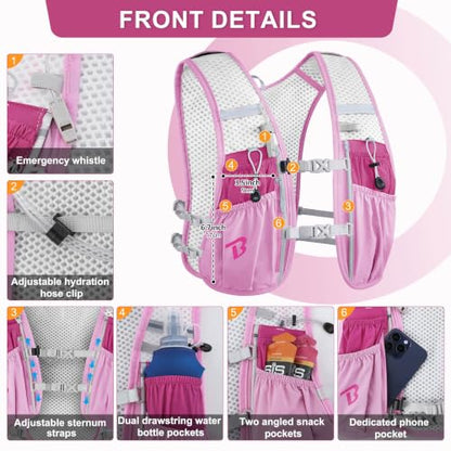 BECOJADDE Running Vest for Women Men, 5L/6L Lightweight Hydration Backpack Running Pack for Marathon, Trail, Cycling, Hiking, Jogging - color: Orchid Pink
