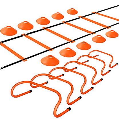 TNZMART Agility Ladder and Disc Cones Training Set Adjustable Rungs Training Ladder with 10 Plastic Sport Cones for Training - color: Orange, 6 hurdles