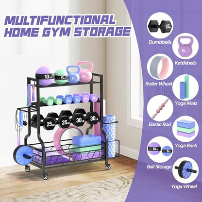 PARTPHONER Dumbbell Weight Rack, Home Gym Storage for Kettlebells Yoga Mat and Balls, All in One Workout Storage with Wheels and Hooks, Powder Coated Finish Steel - size: 39"(L)x15.8"(W)x39.8"(H)