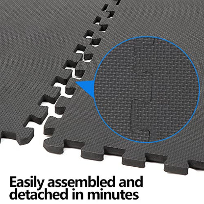 F2C 6 Pieces Puzzle Exercise Mat EVA Foam Interlocking Tiles with 12 End Borders for Gym Home Exercise Workout Floor Protecting Black