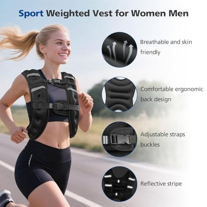 6lb/8lb/12lb/16lb/20Lb Weighted Vest Woman Men with Reflective Stripe, Chest Size Adjustable Strength Training Weight Vest for Walk Running Jogging - color: Black, size: 12 Lbs