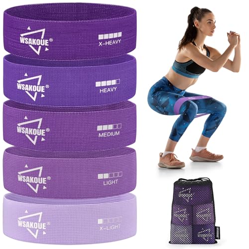 WSAKOUE Fabric Resistance Bands for Working Out – 5 Booty Bands for Women & Men, Exercise Workout Bands for Legs, HIPS & Glutes – Ideal for Home Fitness, Yoga, Pilates & Rehab