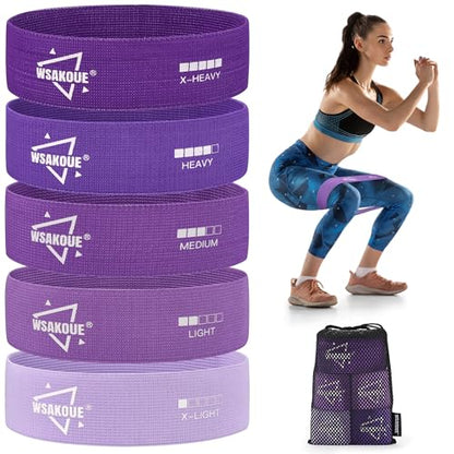 WSAKOUE Fabric Resistance Bands for Working Out – 5 Booty Bands for Women & Men, Exercise Workout Bands for Legs, HIPS & Glutes – Ideal for Home Fitness, Yoga, Pilates & Rehab