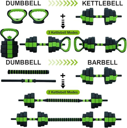 4-In-1 Adjustable Dumbbell Set, 44LB Free Weight Set with Connector,Weights Dumbbells Set Used As Kettlebells, Barbell, Push Up Stand, Fitness Exercise for Home Gym Suitable Men/Women,Green