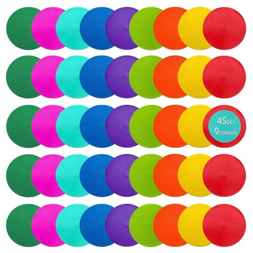 LAZR Non Slip Agility Marker Aggregate Dots 4.72 inch 9 inch Floor Dot Marker for Classroom Dance Sports Football Basketball Speed Agility Training - style: 9inch 45pcs(9colors)