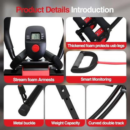 Dual Track Fitness Ab Machine Ab Cruncher, Adjustable Height Waist Trainer, Foldable Home Gym Equipment with 4 Adjustable Resistance Levels and Resistance Bands