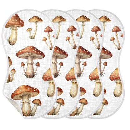 Cute Mushroom Muslin Burp Cloths 1 Pack - Extra Large 22"x11", 4-Layer Soft Absorbent Cotton, Waterproof Backing, Baby Drool Rags for Newborn