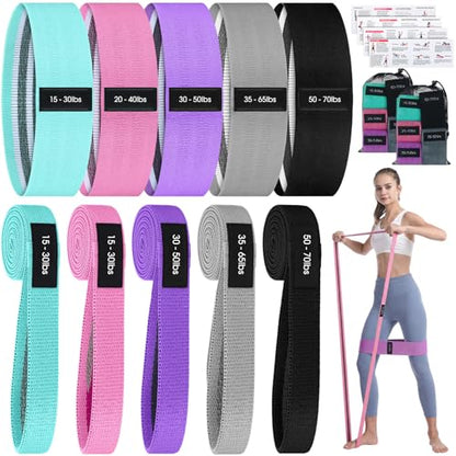 10 Pcs Fabric Resistance Bands for Working Out, 5 Levels Elastic Non-Slip Exercise Bands with Guide for Women and Men Legs and Glutes - for Home, Gym, Yoga, Pilates, Stretching
