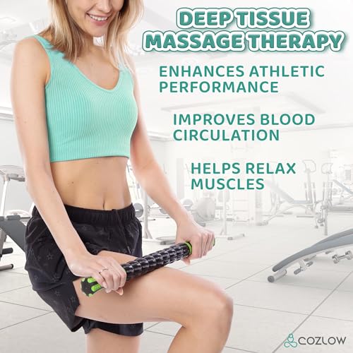 Muscle Roller Stick - Black Green - Hand Held Body Massager with 9 Rollers & Non-Slip Handles - Deep Tissue Massage & Maximum Muscle Recovery - Leg, Back, Arm, Thigh, Butt Sculpting Tool - by Cozlow