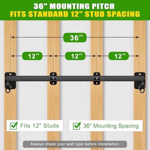 SELEWARE Heavy Duty Wall Mount Pull Up Bar, Joist Mount Chin Up Bar for Doorway, Sturdy Steel Construction, w/Resistance Band Hooks, Fits 32"/36" Wall Studs for Home Gym Strength Training