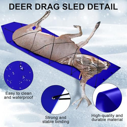 1 Pcs Dual Harness Deer Drag Harness and 1 Pcs Drag Sleds Heavy Duty Deer Dragging Strap with 2 Rope, Hunting Equipment for Hauling Elk Turkeys Game Animals(Tapered End,Blue)
