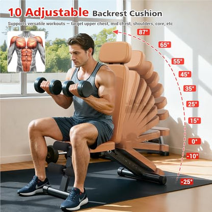 XDDIAS Workout Bench, 10 Backrests Adjustable Weight Bench with Extended Headrest, 800LBS Foldable Weight Bench for Home Gym, Incline Decline Flat Bench Compact for Small Space Training - color: Brown