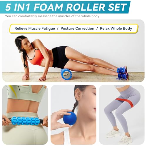 Krightlink 5 in 1 Foam Roller Set for Deep Tissue Muscle Massage, High Density Trigger Point Fitness Patented Exercise Foam Roller, Massage Roller, Massage Ball, Resistance Band, for Whole Body - color: Deep Blue