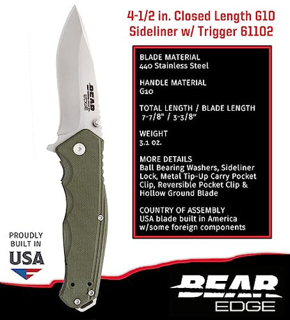 Bear Edge G10 Sideliner, 3 3/8” 440 High Carbon Stainless Steel Blade, Green G10 Handle, Trigger Open and Reversible Pocket Clip (61102)