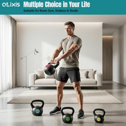 OLIXIS Hard Kettlebell Sets Strength Training KettleBells Weight Set | Coated Concrete Kettlebells, Wide Handle & Bottom, Weight Workout Exercise Equipment for Home Gym Outdoor