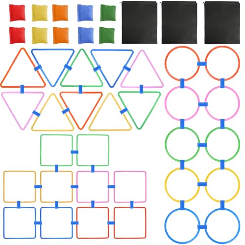 3 Set Hopscotch Ring Game Set with Connectors Multi Colored Plastic Rings Squares Triangle for Kids Agility and Balance Training Obstacle Course, Indoor Outdoor Activity, Birthday Fun Play