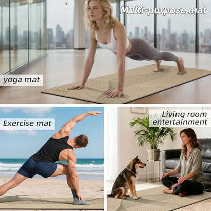Large Exercise Mat | 10mm Thick TPE Non-slip Gym Mats, Carrying Strap - color: beige/black