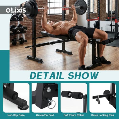 OLIXIS Adjustable Weight Bench Set with Rack, 650 LBS Capacity Heavy Duty Foldable Bench Press Set with Leg Extension Curl, Easy Assembly Strength Training Workout Set for Garage, Home, Gym