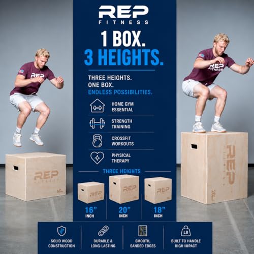 Rep Plyometric Wood Jump Box | CrossFit & Strength Training | 12 to 30" Range of Wooden Step Platforms | Gym & Sports Workouts | Fitness, Exercise, Physical Therapy Equipment | Pro Conditioning Tool - size: In-Between, 20" x 18" x 16"