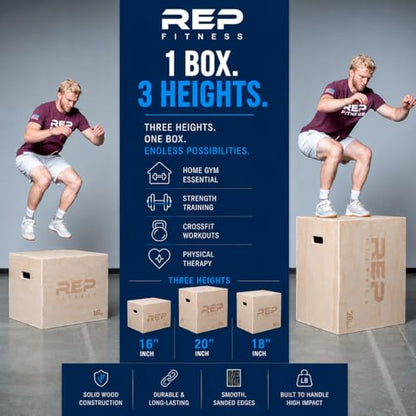 Rep Plyometric Wood Jump Box | CrossFit & Strength Training | 12 to 30" Range of Wooden Step Platforms | Gym & Sports Workouts | Fitness, Exercise, Physical Therapy Equipment | Pro Conditioning Tool - size: In-Between, 20" x 18" x 16"