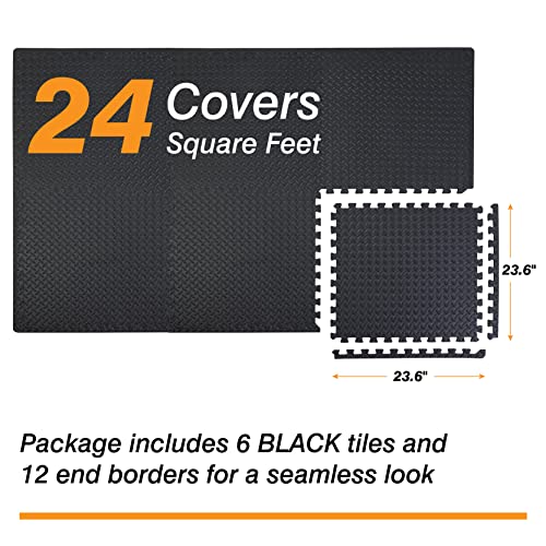 TCE AUPM001BK Interlocking Foam Mat Protective Exercise Workout Puzzle Floor Mat Tiles for Home Gym Equipment - 6 Pieces, 24 Square feet, Black