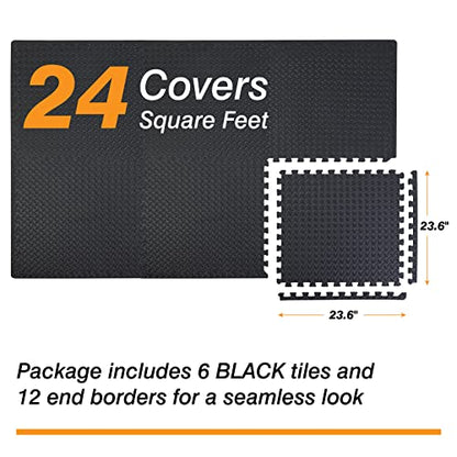 TCE AUPM001BK Interlocking Foam Mat Protective Exercise Workout Puzzle Floor Mat Tiles for Home Gym Equipment - 6 Pieces, 24 Square feet, Black