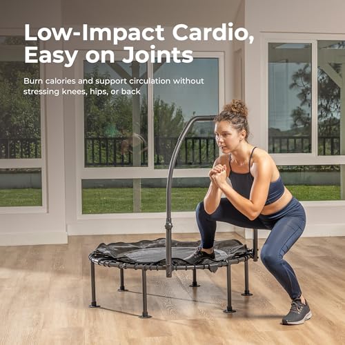 Sunny Health & Fitness 36”/40”/48” Bungee Exercise Trampoline for Adults with Adjustable Foam U-Shaped Handlebar – Home Indoor Cardio, Silent & Low Impact Bounce - size: 40" trampoline