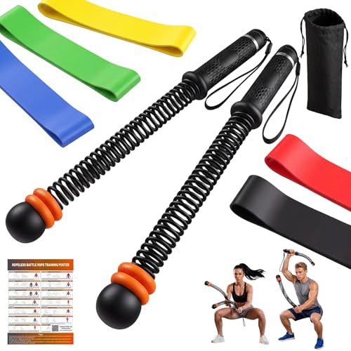 Ropeless Battle Ropes Set, 2 PCS Cordless Battle Ropes with 5 Resistance Bands for Home Gym, Portable Weighted Battle Rope Exercise Equipment for HIIT Strength Training Cardio Workout, Men（Black）