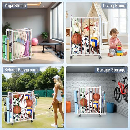 Rolling Sports Ball Storage Cart, Large Capacity Sports Equipment Organizer Garage Ball Organizer with Bat & Racket Holder, Heavy-Duty Sports Equipment Rack with Wheels for Garage Home & Gym (White)