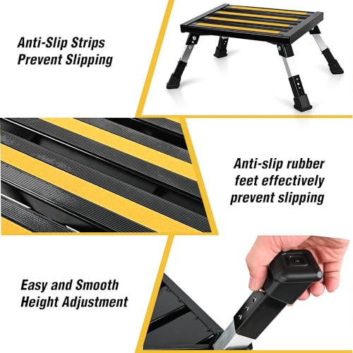 Nilight RV Steps Folding Aluminum Step Stool 16.5"x12" 4 Level Adjustable - color: Black, size: 16.5"x11.8"