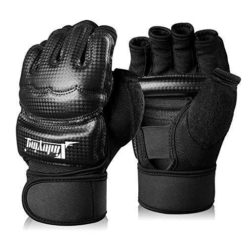Punch Bag Boxing Martial Arts MMA Sparring Grappling Muay Thai Taekwondo Training PU Leather Wrist Wraps Gloves - color: Black, size: Small