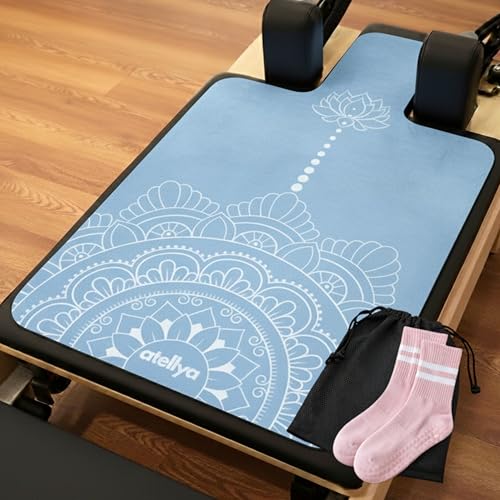 Pilates Reformer Mat Non Slip – Washable Reformer Mat Cover with Grip Socks & Mesh Bag, Sweat Absorbing Pilates Reformer Towel for Studio & Home Use - color: Blue