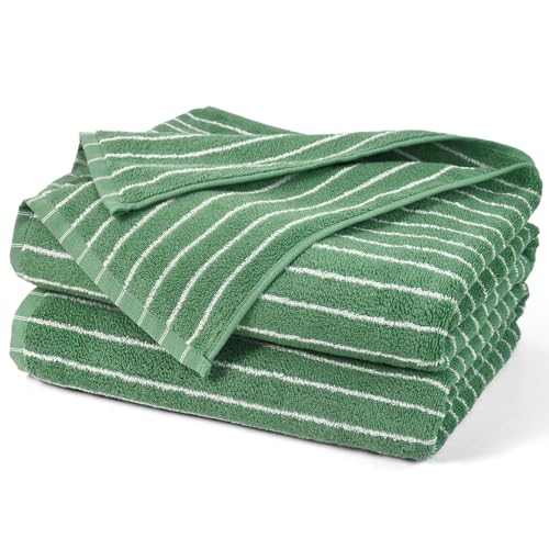 Jacquotha Bath Towels 2 Pack, Lighter & Quick Dry Towels Large 27.5 x 55 inches, Luxury Terry Cotton Towels for Bathroom Beach Swim, Forest Green & White Striped - color: Dark Green, size: 27" x 55" (Bath Towels)