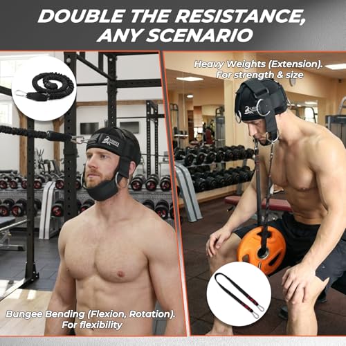 Adjustable Neck Harness for Weight Training with 6 D-Rings, Includes Skull Cap, Resistance Band & Loading Strap - Adjustable Head Harness for Neck Strengthening & Resistance Workout