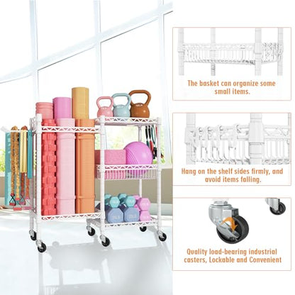 FUTASSI Home Gym Storage, 3 Tiers Workout Equipment Organizer with Wheels for Yoga Mats, Foam Roller, Dumbbells, Kettlebells, and Resistance Bands