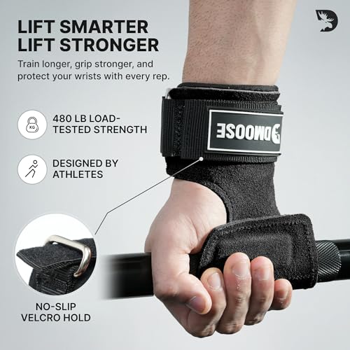 DMoose Fitness Weight Lifting Hooks (Pair) for Deadlifts, Pull Ups, Rows & Shrugs - Anti-Rip Nylon Strap Hand Grips with Thick Wrist Padding - Heavy Duty Wrist Straps for Weightlifting & Gym Workouts - color: Black Lifting Grip