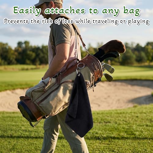 2 Pack Black Golf Towel with Carabiner Clip 12" X 12" Microfiber Waffle Pattern GolfRag GolfTowel with Clip for Cleaning GolfBall Club Putter Iron for Golf Bag Trolly Belt Loop
