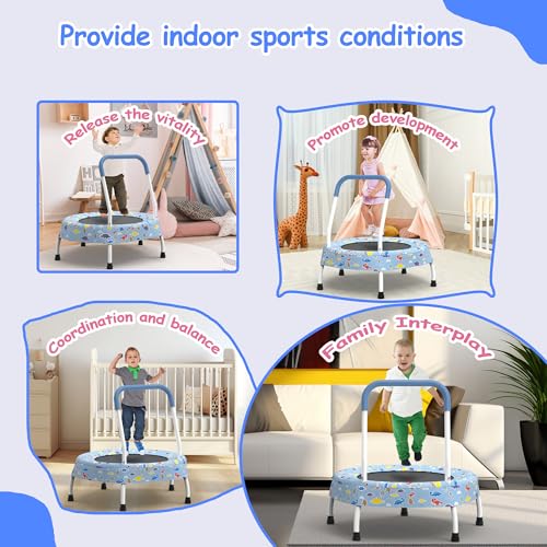 Trampoline w/Handle, Indoor Mini Trampoline with Bungee Cord No-Gap Jump Mat, Exercise Rebounder with Non Slip Feet for Boys & Girls Age 1-4, Safe Indoor Play Trampoline for Balance Fitness Training