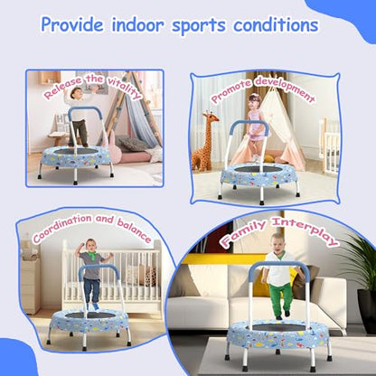 Trampoline w/Handle, Indoor Mini Trampoline with Bungee Cord No-Gap Jump Mat, Exercise Rebounder with Non Slip Feet for Boys & Girls Age 1-4, Safe Indoor Play Trampoline for Balance Fitness Training
