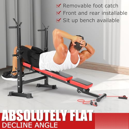 Standard Weight Bench Set with Foot Catch, Adjustable Bench Press Set with Squat Rack, Foldable Flat Incline Decline Workout Bench for Home Gym Full Body Training, 660LB Capacity (US Stock)