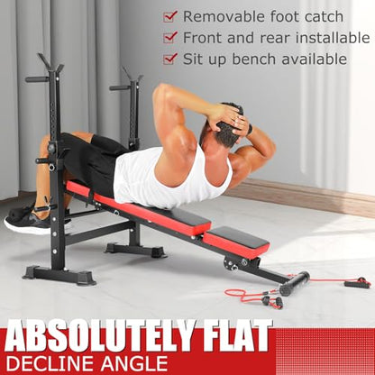 Standard Weight Bench Set with Foot Catch, Adjustable Bench Press Set with Squat Rack, Foldable Flat Incline Decline Workout Bench for Home Gym Full Body Training, 660LB Capacity (US Stock)