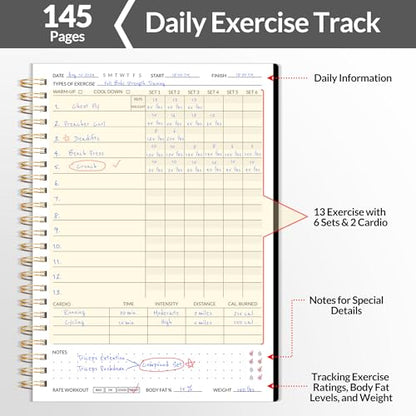Fitness Journal Workout Planner for Women & Men, A5 (6.4" x 8.3") Workout Journal Log Book Planner Gift for Track Gym Essentials, Home Workouts, Track Progress, Achieve Wellness Goals, Black